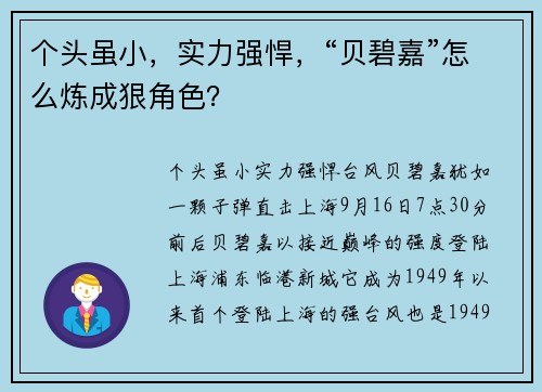 个头虽小，实力强悍，“贝碧嘉”怎么炼成狠角色？