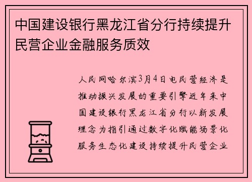 中国建设银行黑龙江省分行持续提升民营企业金融服务质效